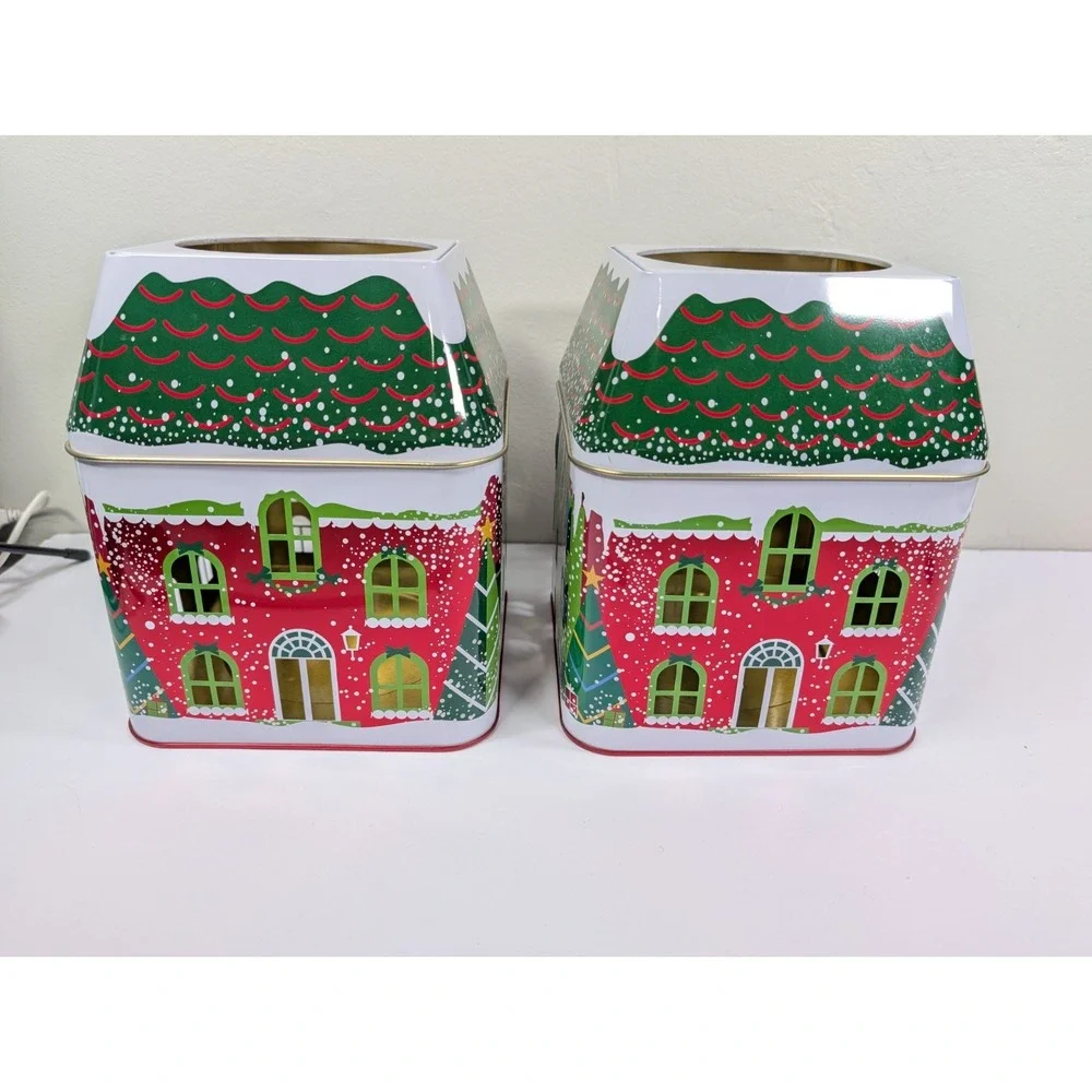 PartyLite Winter Village 3 Wick Candle Jar Tin unused Christmas Display Set Of 2